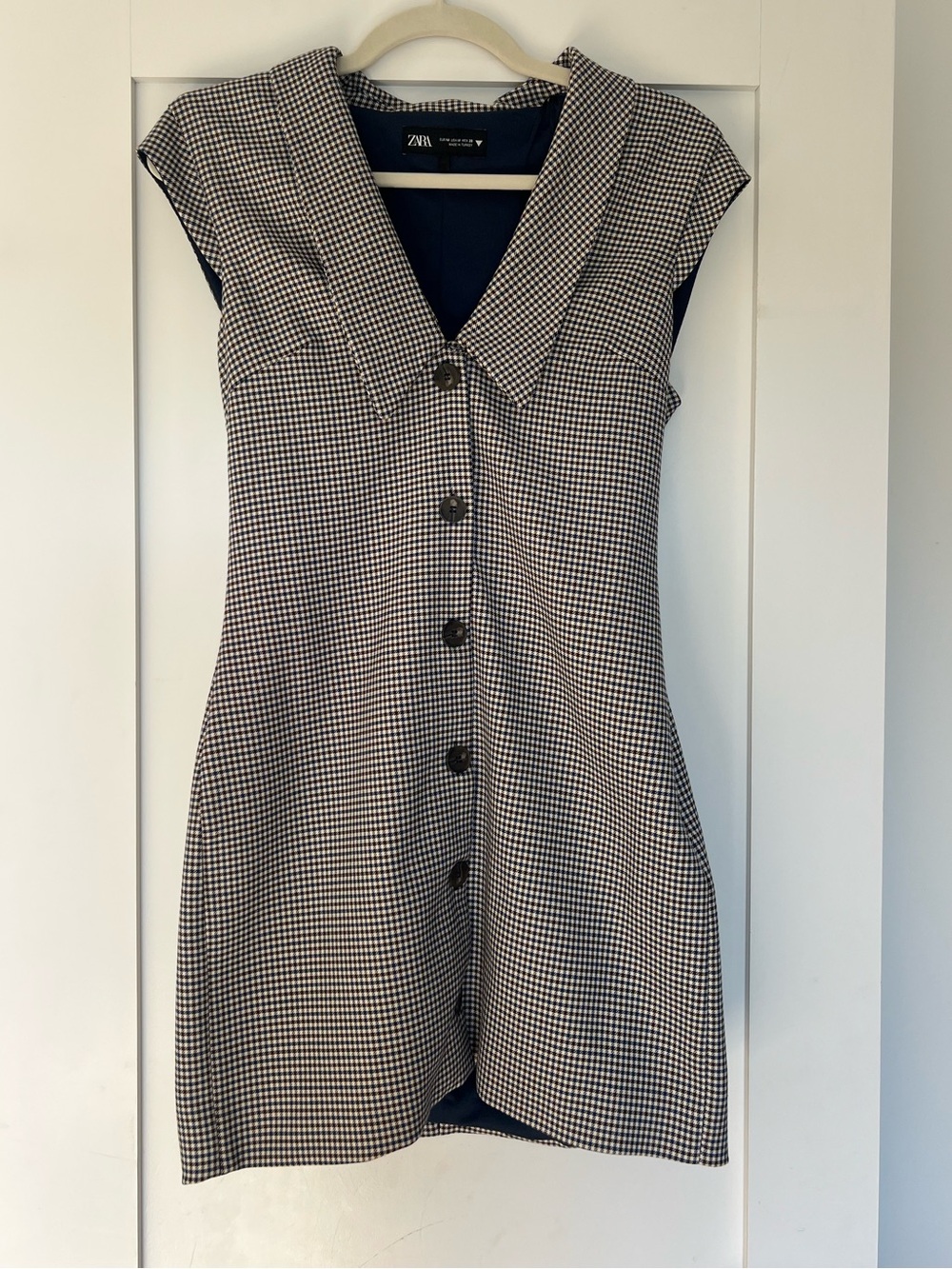 Zara Navy & Brown Houndstooth-Trim dress
